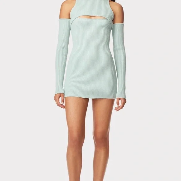 Rib Dress With Cut Out Long Sleeves - Matcha, S, by Herve Leger